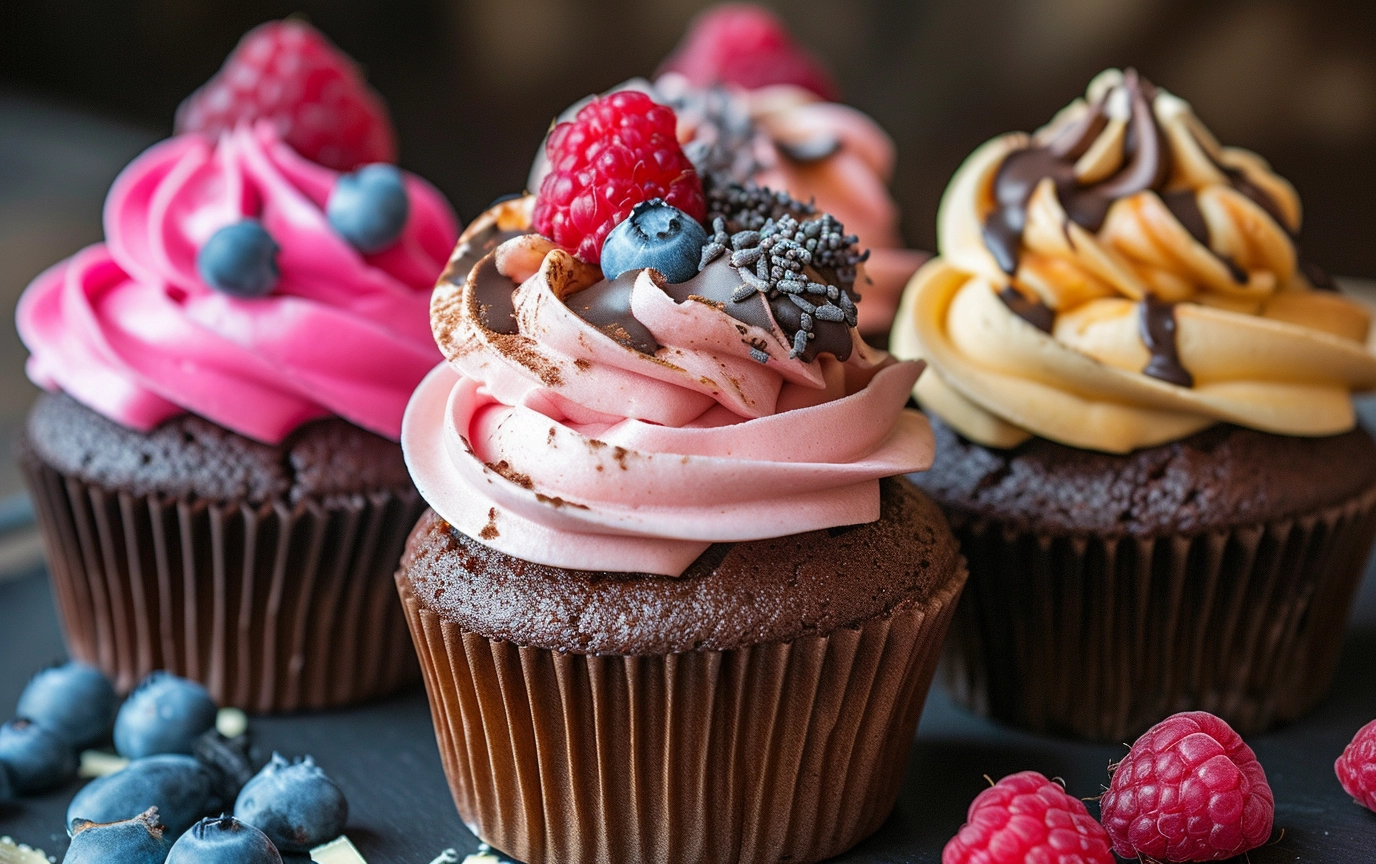 A baker's hands expertly piping smooth chocolate ganache onto freshly baked chocolate cupcakes, set against the backdrop of a kitchen counter filled with baking utensils and ingredients, showcasing the meticulous art of cupcake decoration.