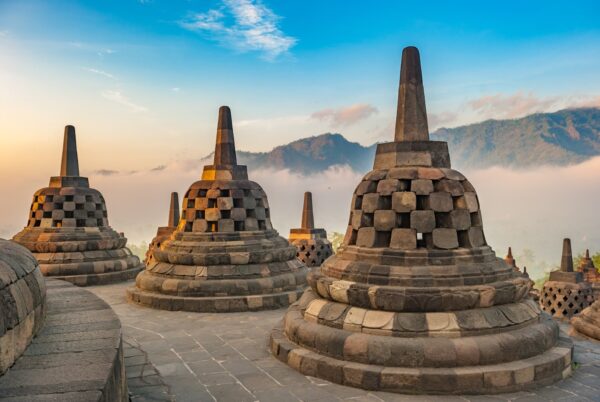 a woman standing in front of a large stone structure with Borobudur in the background